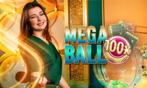 Promotional game image for Mega Ball, featuring a smiling female host holding a microphone, colorful bingo cards, lottery balls, and bold logo with 100x multiplier.