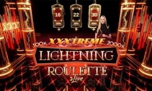 Promotional image for XXXtreme Lightning Roulette, featuring a female dealer on a neon-lit stage with roulette table, glowing numbers, and multipliers up to 2000x.