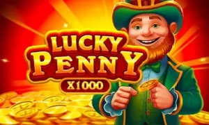 Promotional game image for Lucky Penny slot, featuring a cheerful leprechaun holding a coin with golden background, festive theme, and bold logo showing 1000x multiplier.